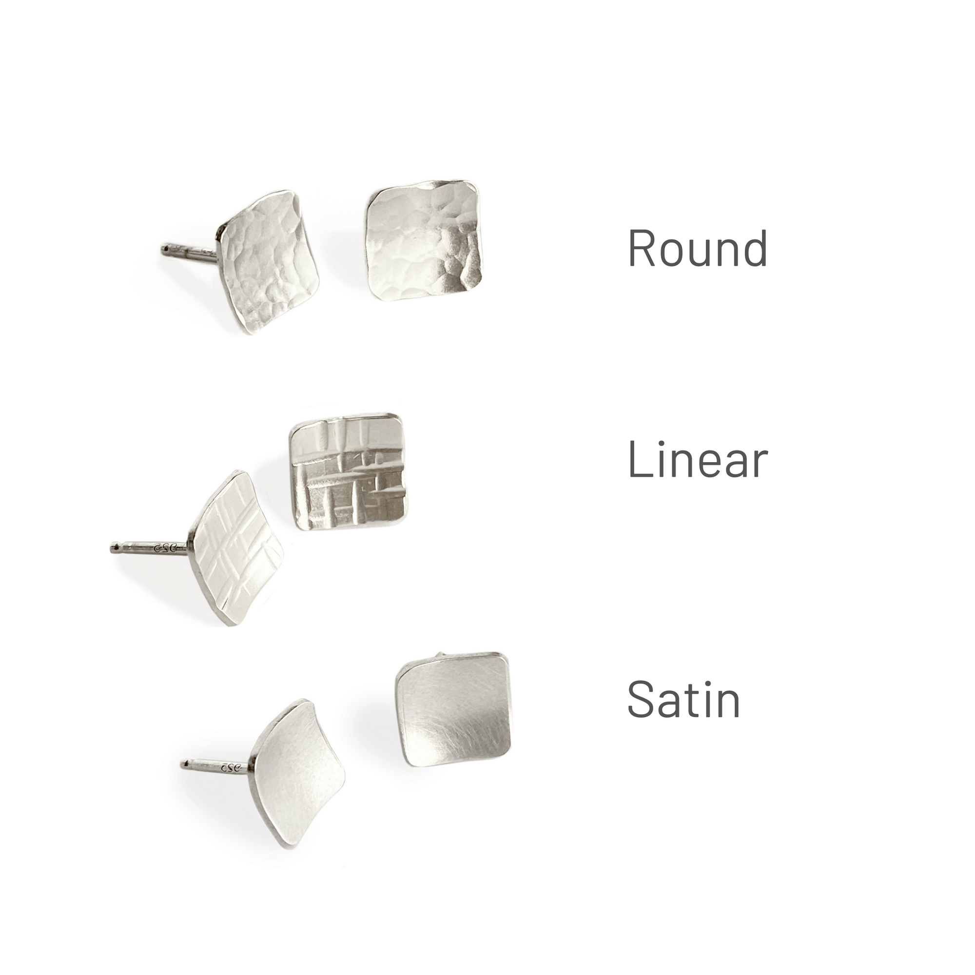 Sterling silver 8mm studs available in round hammered, linear hammered, and satin finish.