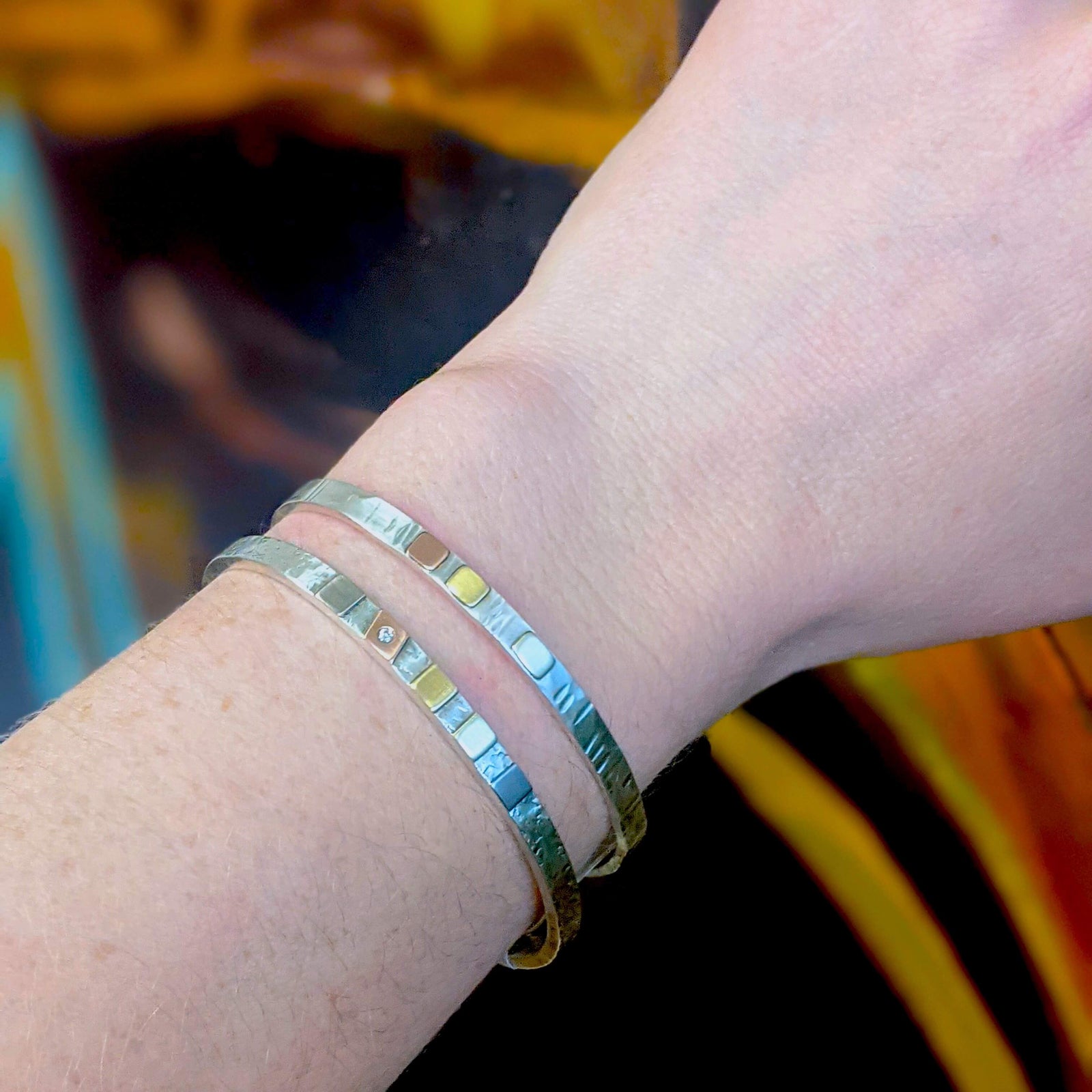 Cell Cuff in Random Hammered Sterling Silver with Mixed Golds