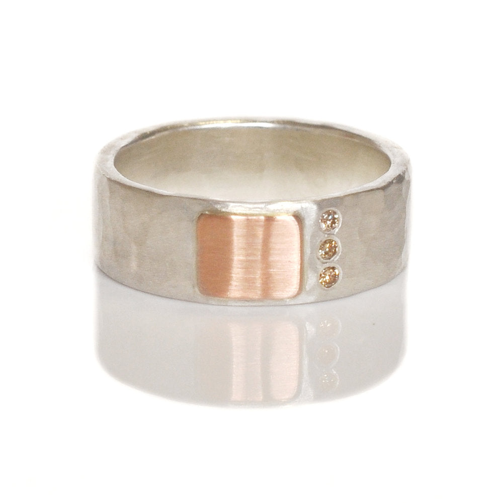 6mm Cell Band in Hammered Sterling Silver and Rose Gold with Champagne Diamond Accents