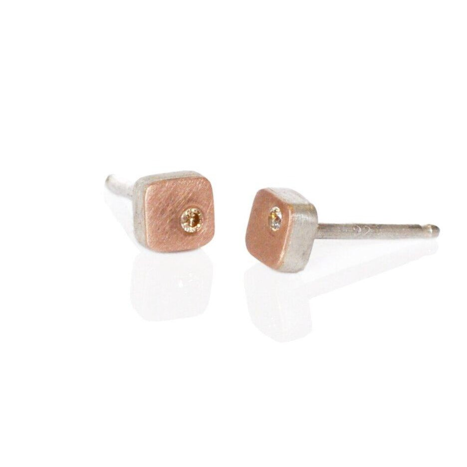 Satin 14k red gold and champagne diamond cell studs. Handmade with recycled metal and conflict-free stones.