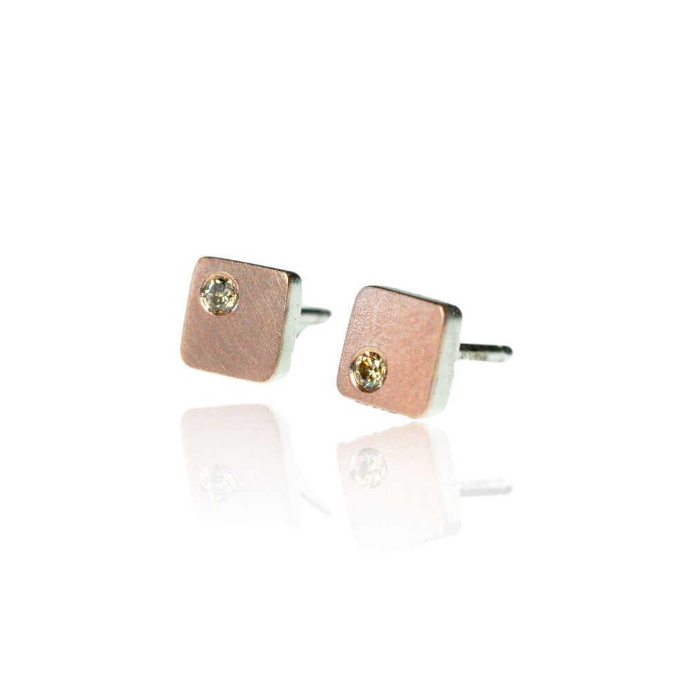 Satin red gold and champagne diamond square stud earrings. Handmade by EC Design Studio using recycled metal and conflict-free stones.