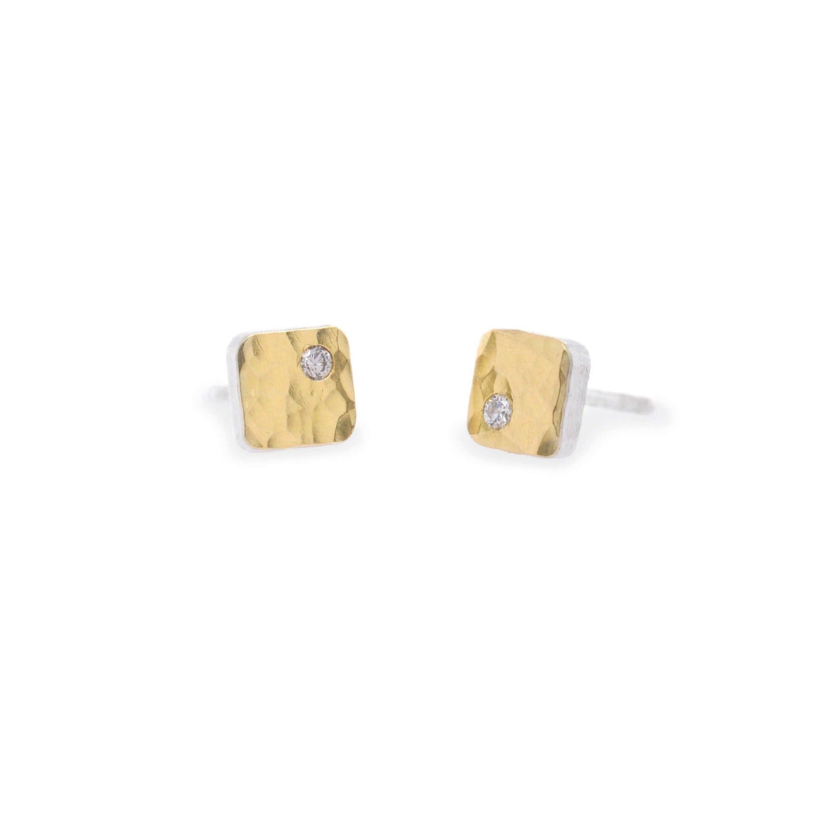 Hammered yellow gold and diamond square studs. Handmade by EC Design Jewelry in MInneapolis, MN.