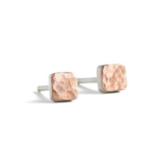 Hammered square studs in 14k red gold. Handmade by EC Design Studio in Minneapolis, MN using recycled metal.