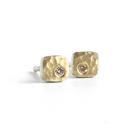 Hammered red gold and champagne diamond square studs. Handmade by EC Design Studio in Minneapolis, MN.