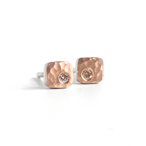 Hammered red gold and champagne diamond square studs. Handmade by EC Design Studio in Minneapolis, MN.