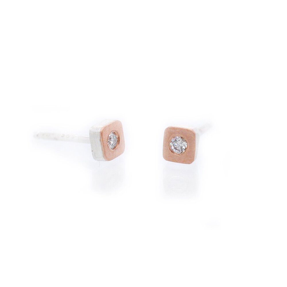 Delicate Cell Studs in Rose Gold with Diamond Accents