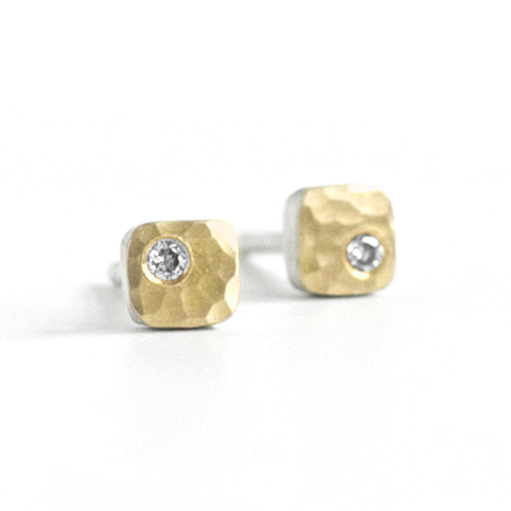 Hammered yellow gold and diamond square studs. Handmade by EC Design in Minneapolis, MN.