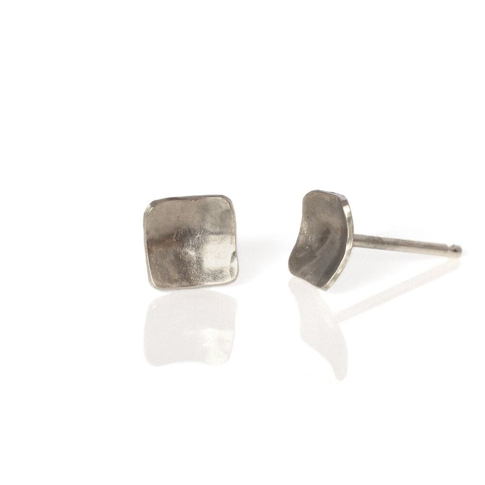 Soft hammered cell studs in 14k white gold. Handmade with recycled metal. From EC Design Jewelry in Minneapolis, MN.