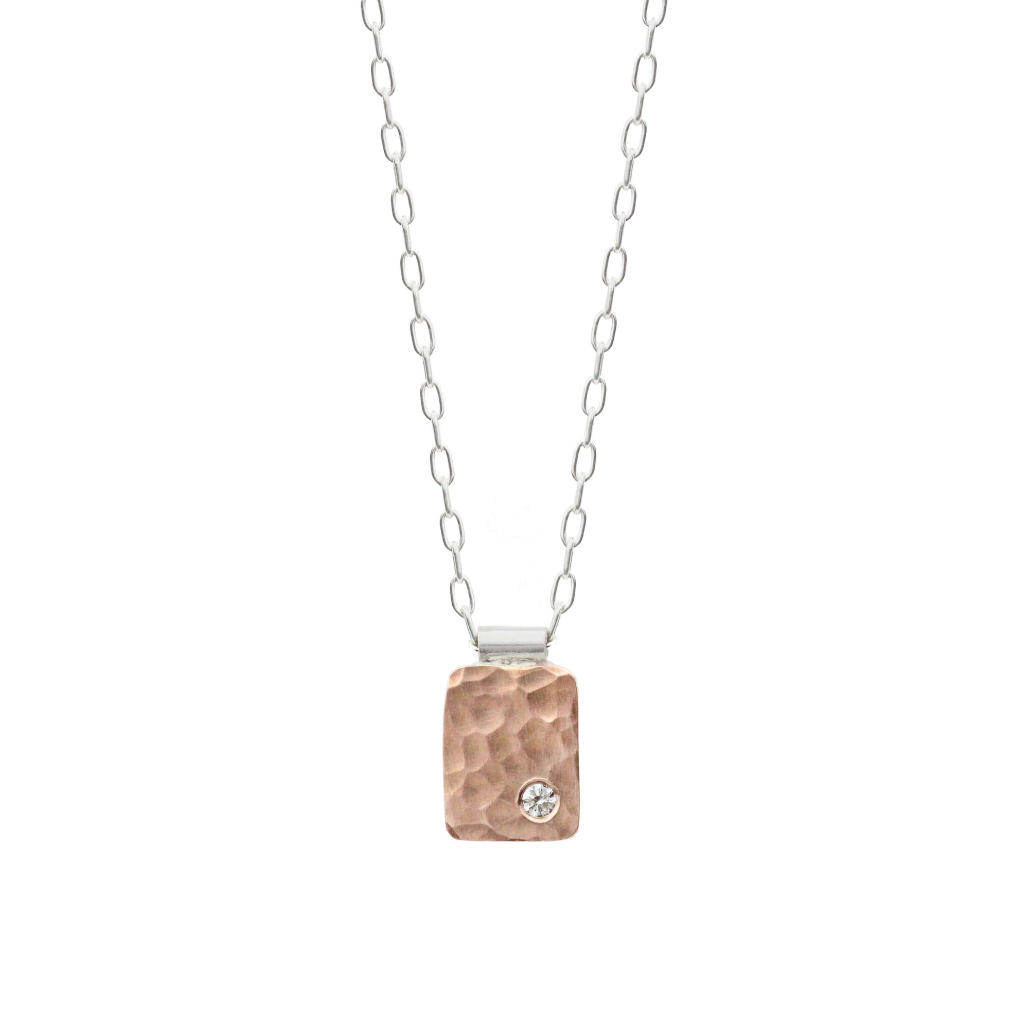 Hammered red gold and white diamond rectangle cell pendant. Handmade by EC Design Jewelry in Minneapolis, MN using recycled metal and conflict-free stone.