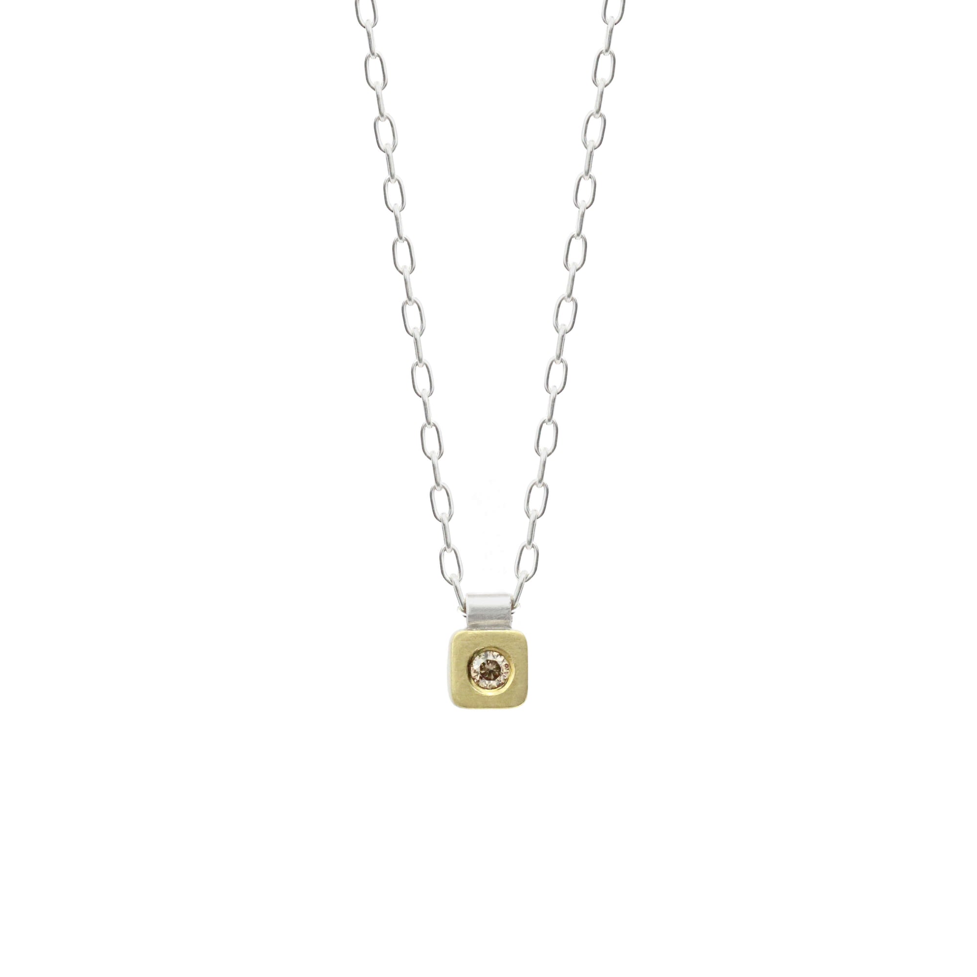 Yellow gold square cell pendant with champagne diamond. Handmade by EC Design Studio in Minneapolis, MN using recycled metal and conflict-free stone.