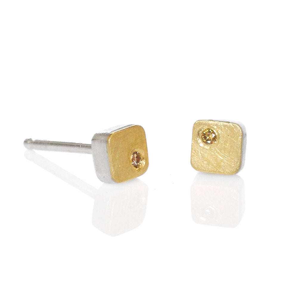 Satin 18k yellow gold and champagne diamond cell studs. Handmade with recycled metal and conflict-free stones.