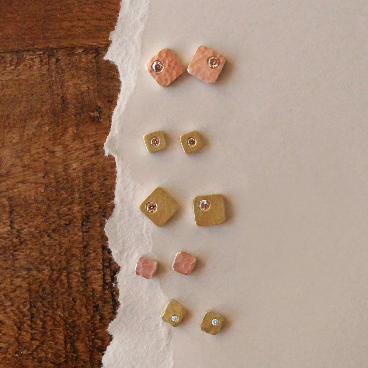 Gold and diamond cell stud earrings from EC Design Jewelry in Minneapolis, MN. Handmade with recycled metal and conflict-free stones.