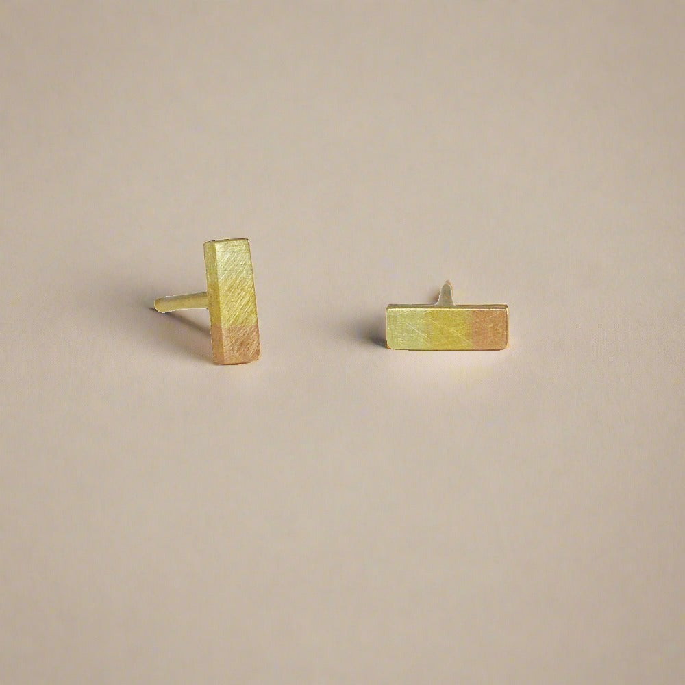 Rainbow gold bar studs with 14k red, 14k green, and 18k yellow gold. Handmade with recycled metal by EC Design Jewelry in Minneapolis, MN.