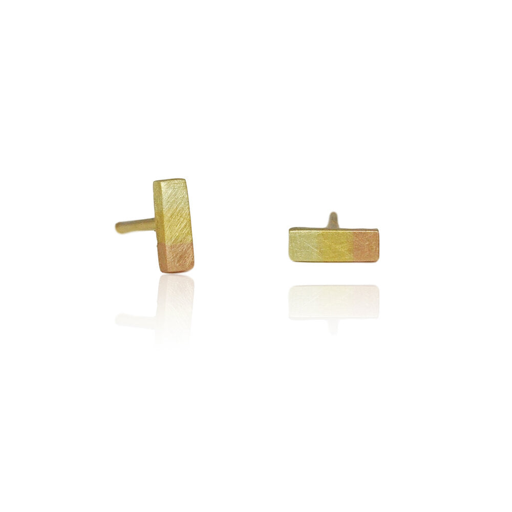 Rainbow gold bar studs with 14k red, 14k green, and 18k yellow gold. Handmade with recycled metal by EC Design Jewelry in Minneapolis, MN.
