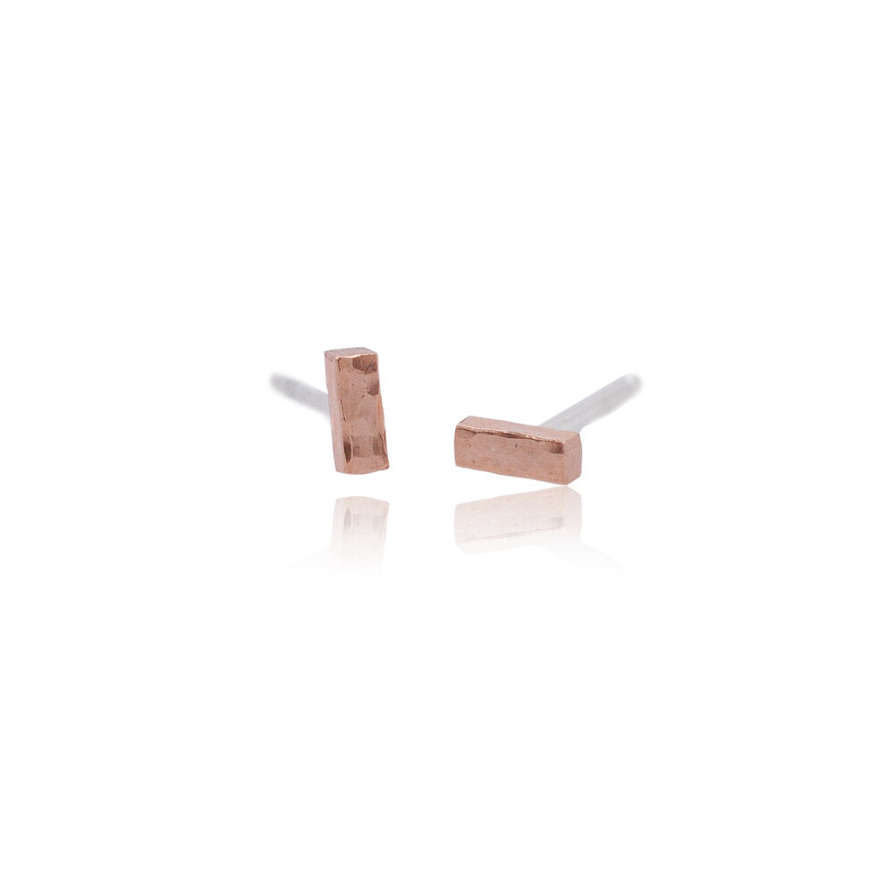 Handmade hammered gold bar studs in 14k rose gold or 18k yellow gold.