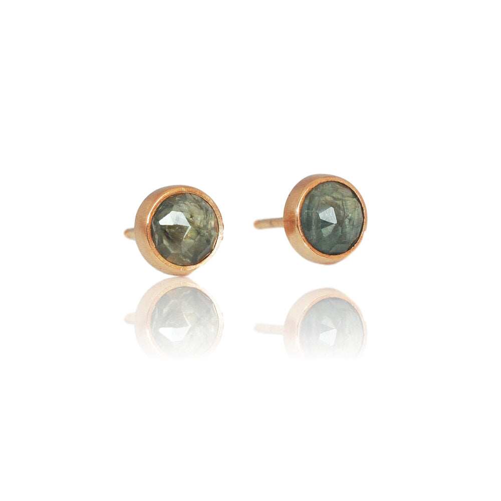 Blue-green Sri Lankan sapphire studs with 14k red gold. Handmade with recycled metal by EC Design Jewelry in Minneapolis, MN.