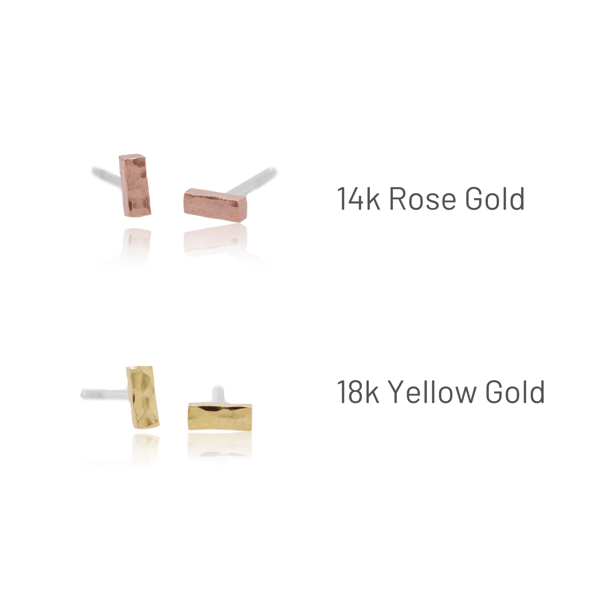 Handmade hammered gold bar studs in 14k rose gold or 18k yellow gold.