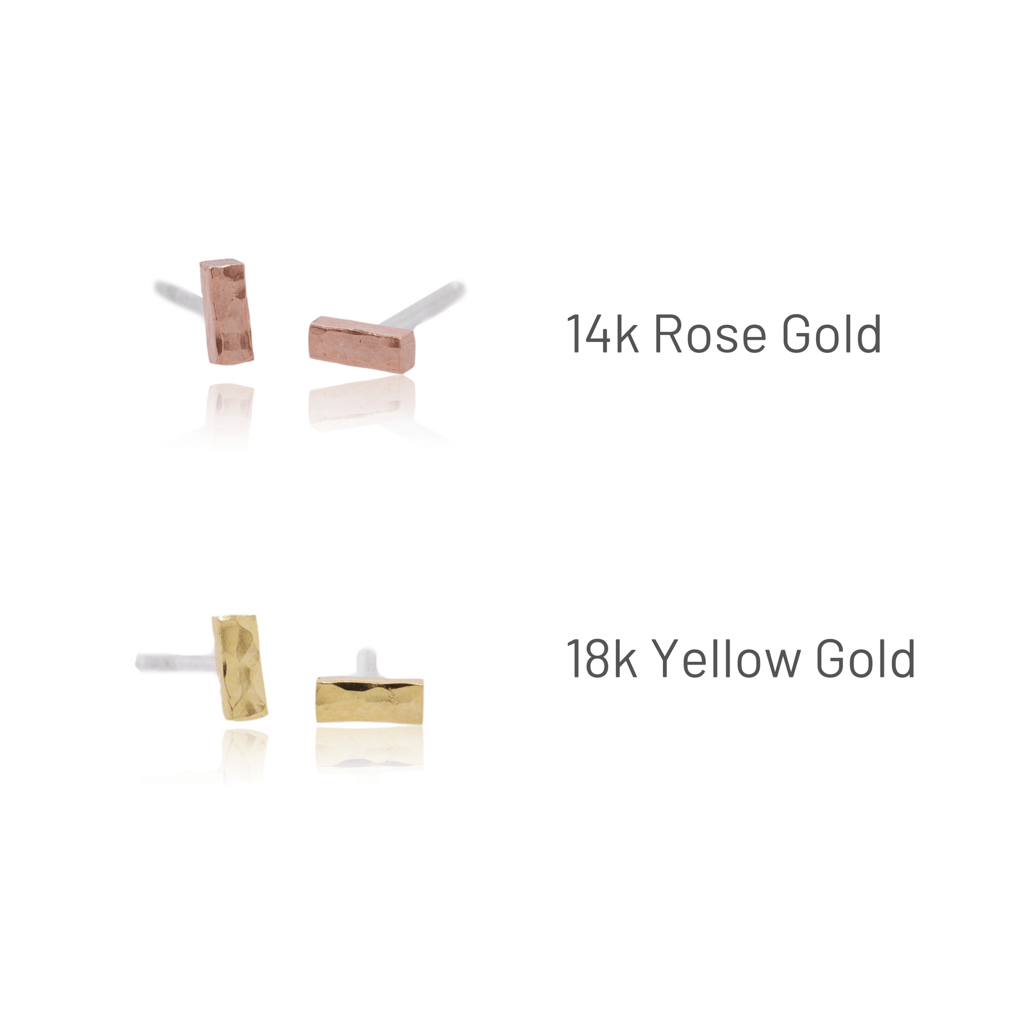 Handmade hammered gold bar studs in 14k rose gold or 18k yellow gold.