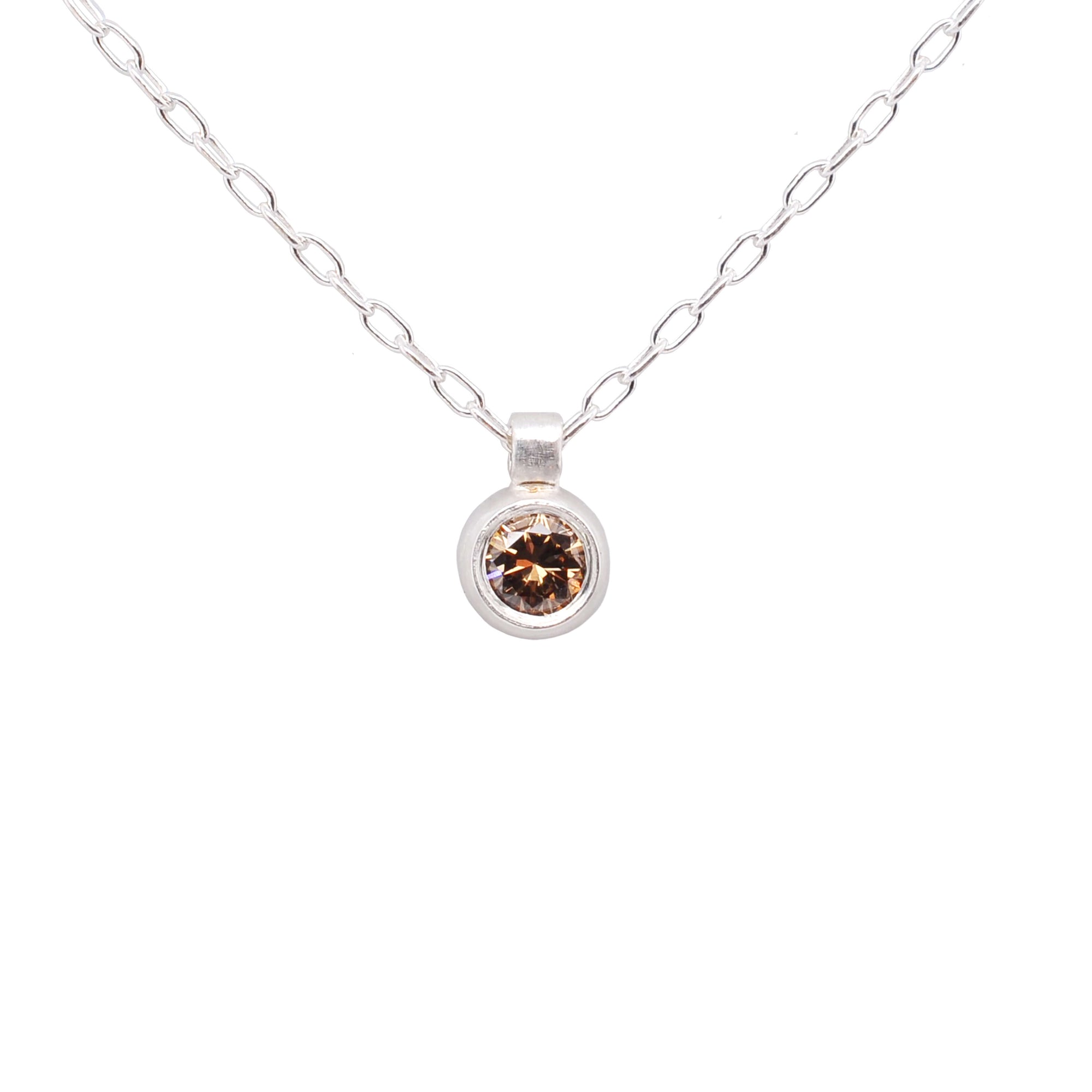 Round Brilliant Champagne Diamond and Silver Bezel Set Necklace