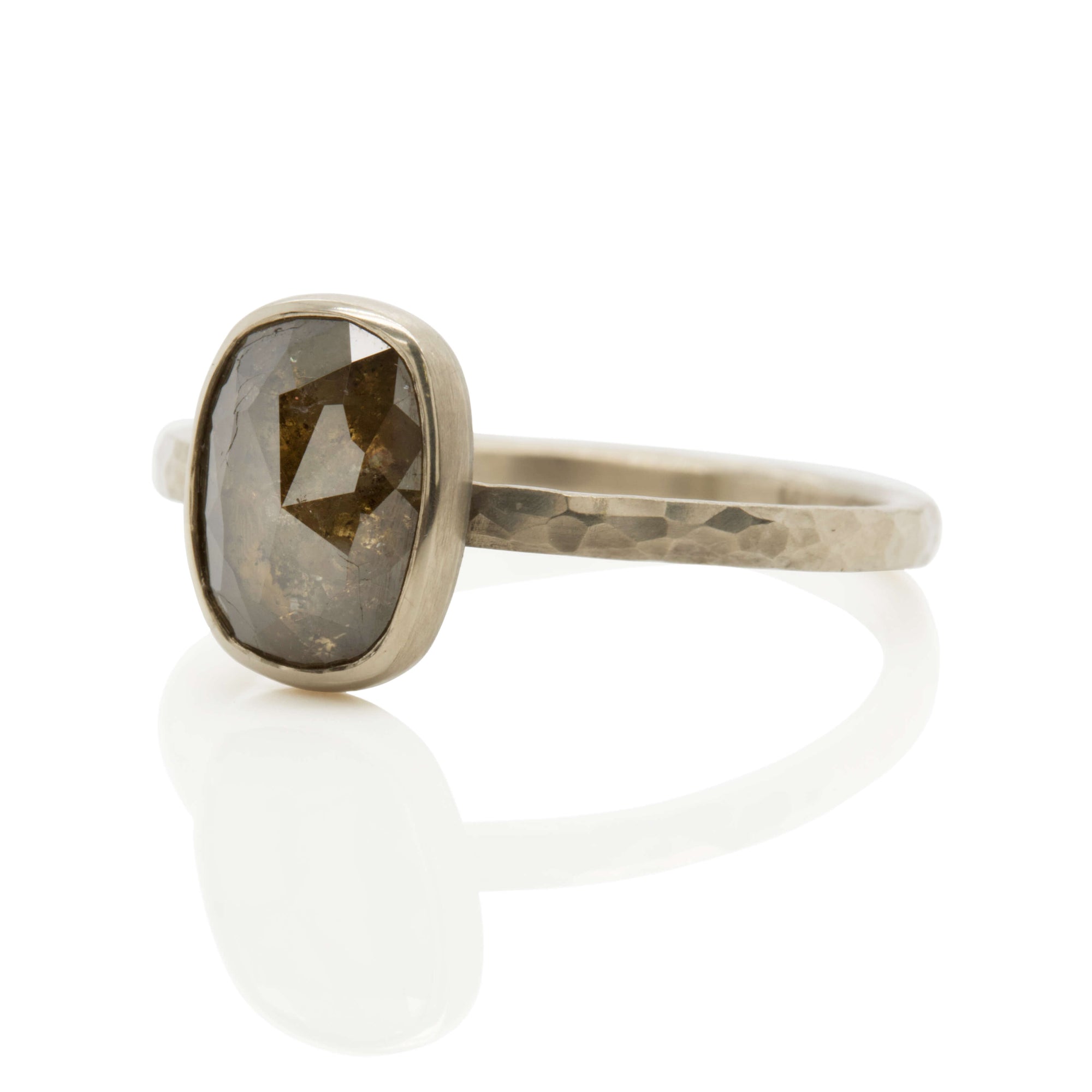 Cushion cut brown diamond engagement ring in palladium white gold. Handmade by EC Design Jewelry in Minneapolis, MN.