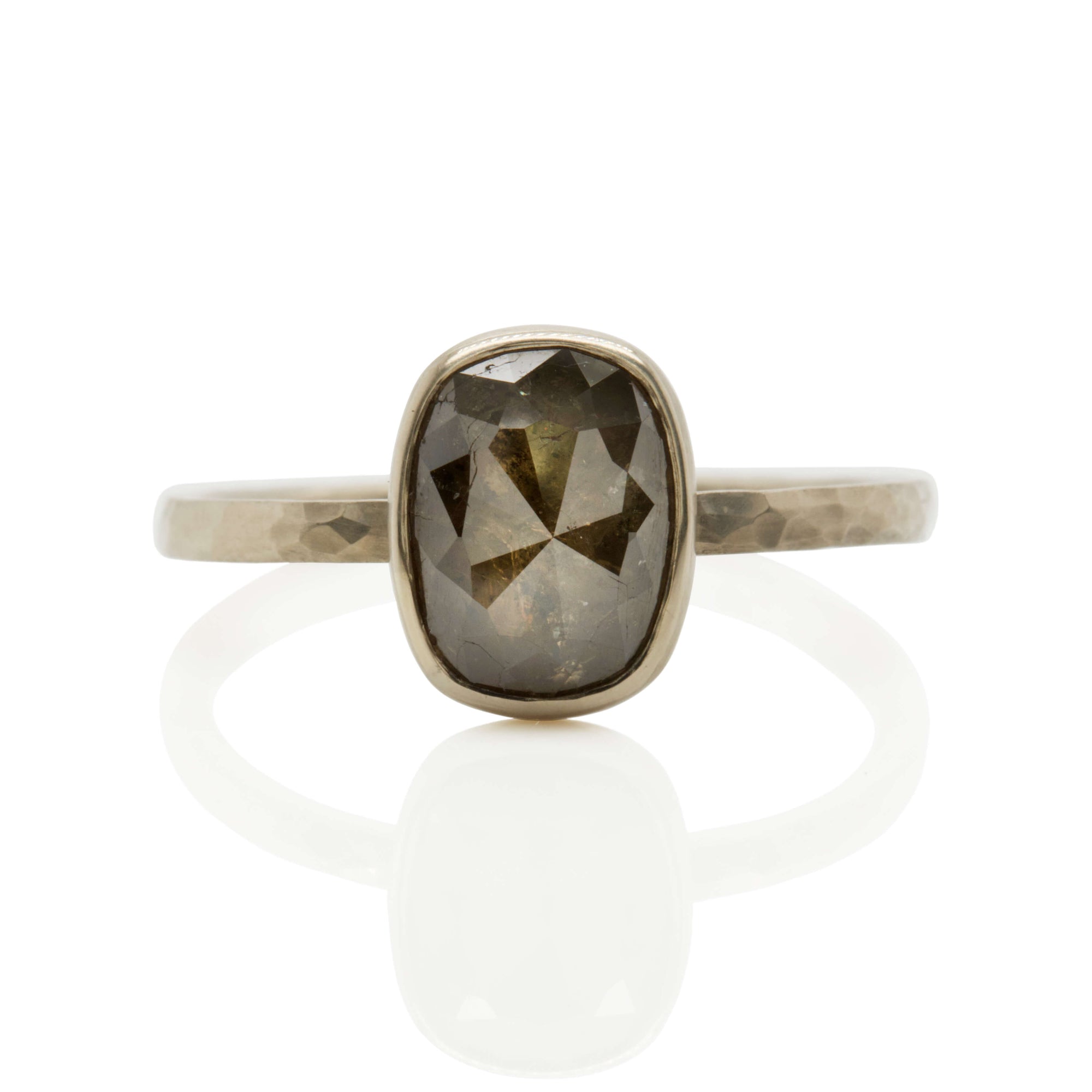 Cushion cut brown diamond engagement ring in palladium white gold. Handmade by EC Design Jewelry in Minneapolis, MN.