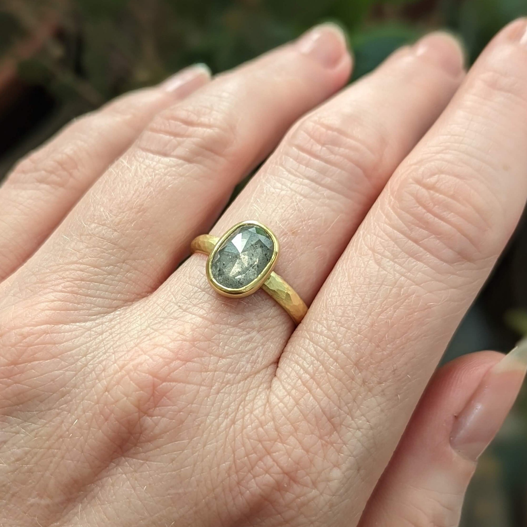 Oval Salt and Pepper Rose Cut Diamond Ring in Yellow Gold