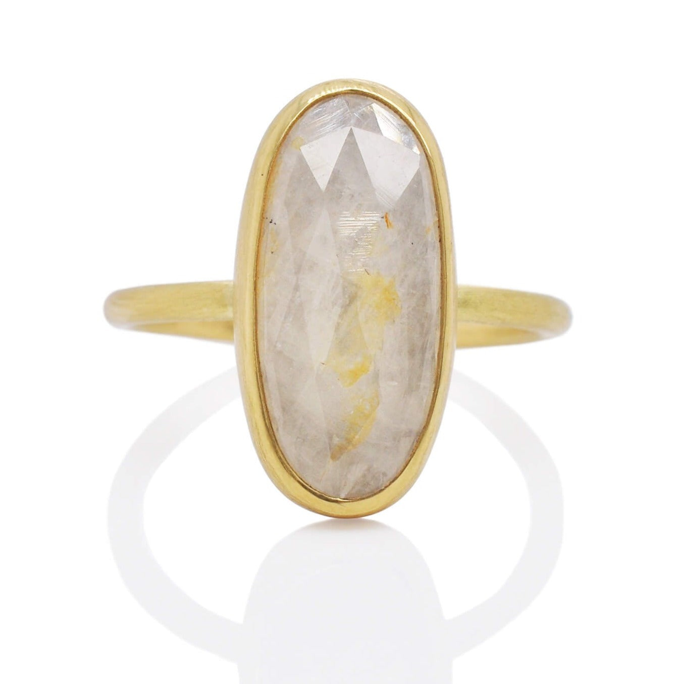 White rose cut sapphire cocktail ring in satin finished yellow gold. Handmade by EC Design Jewelry in Minneapolis, MN.