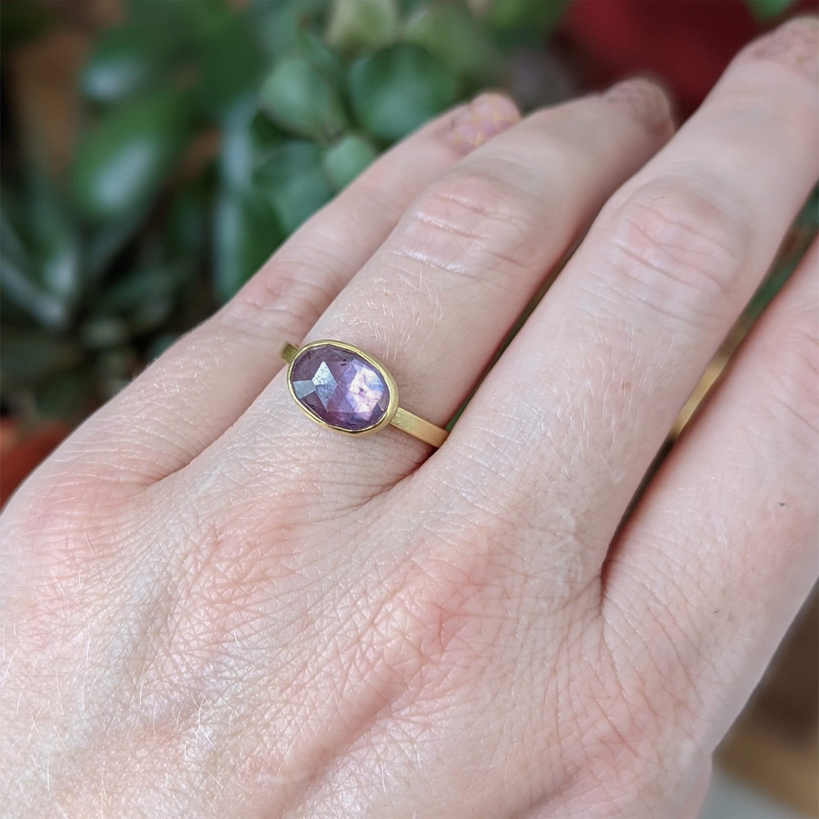 Pink rose cut sapphire ring in yellow gold. Handmade by EC Design Jewelry in Minneapolis, MN.