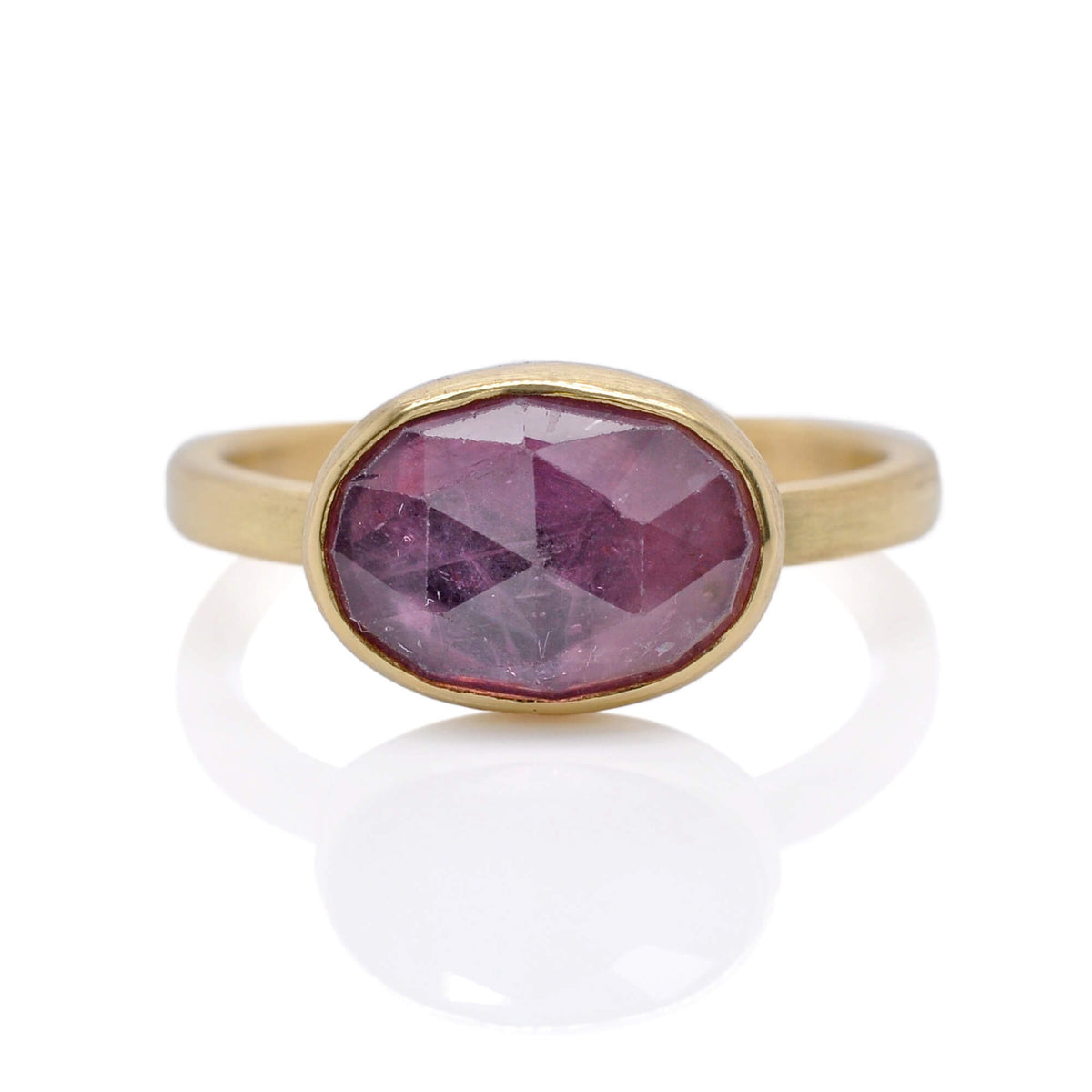 Pink rose cut sapphire ring in yellow gold. Handmade by EC Design Jewelry in Minneapolis, MN.