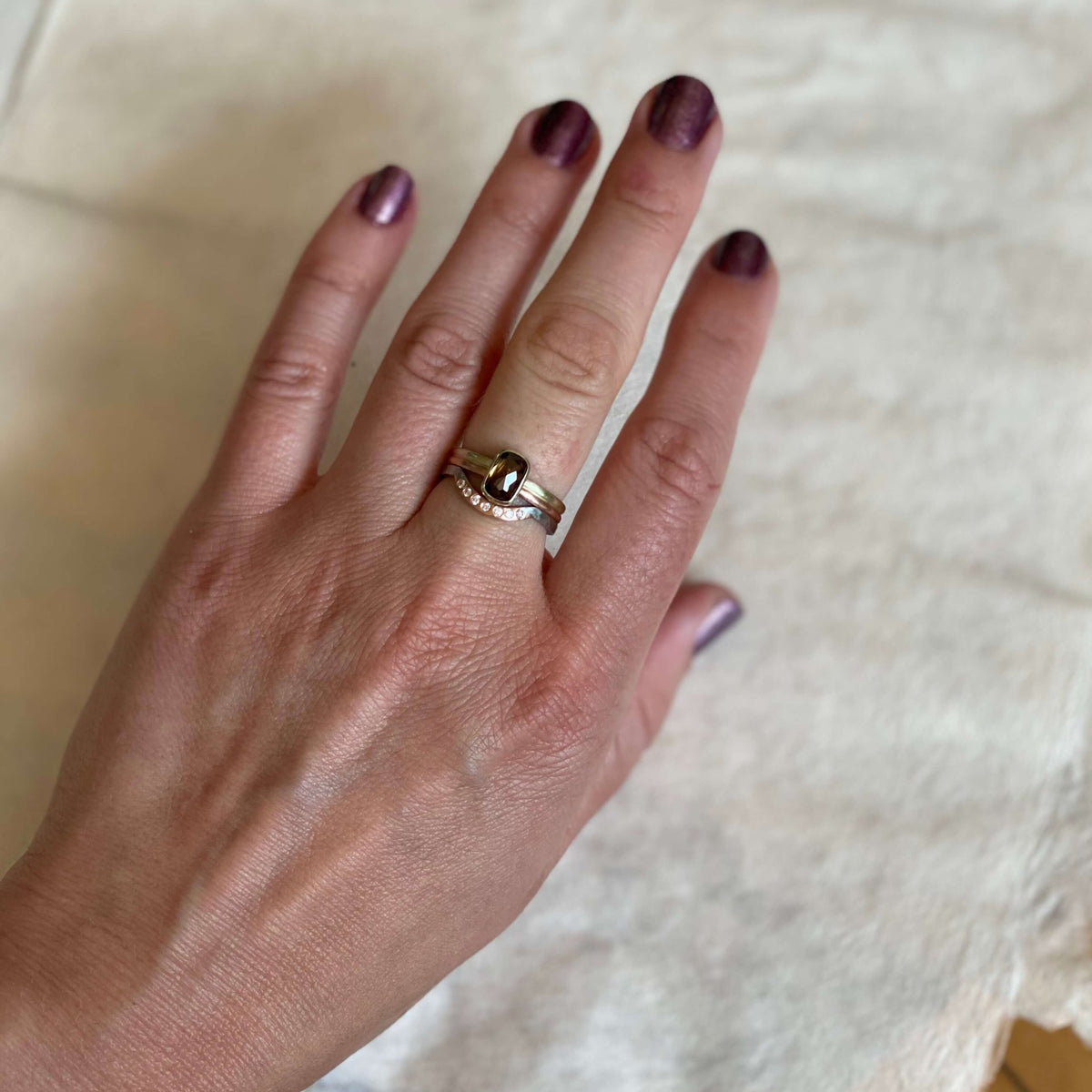 Cognac diamond ring with diamond accented contour band. Handmade by EC Design Jewelry in Minneapolis, MN using recycled metal and conflict-free stones.