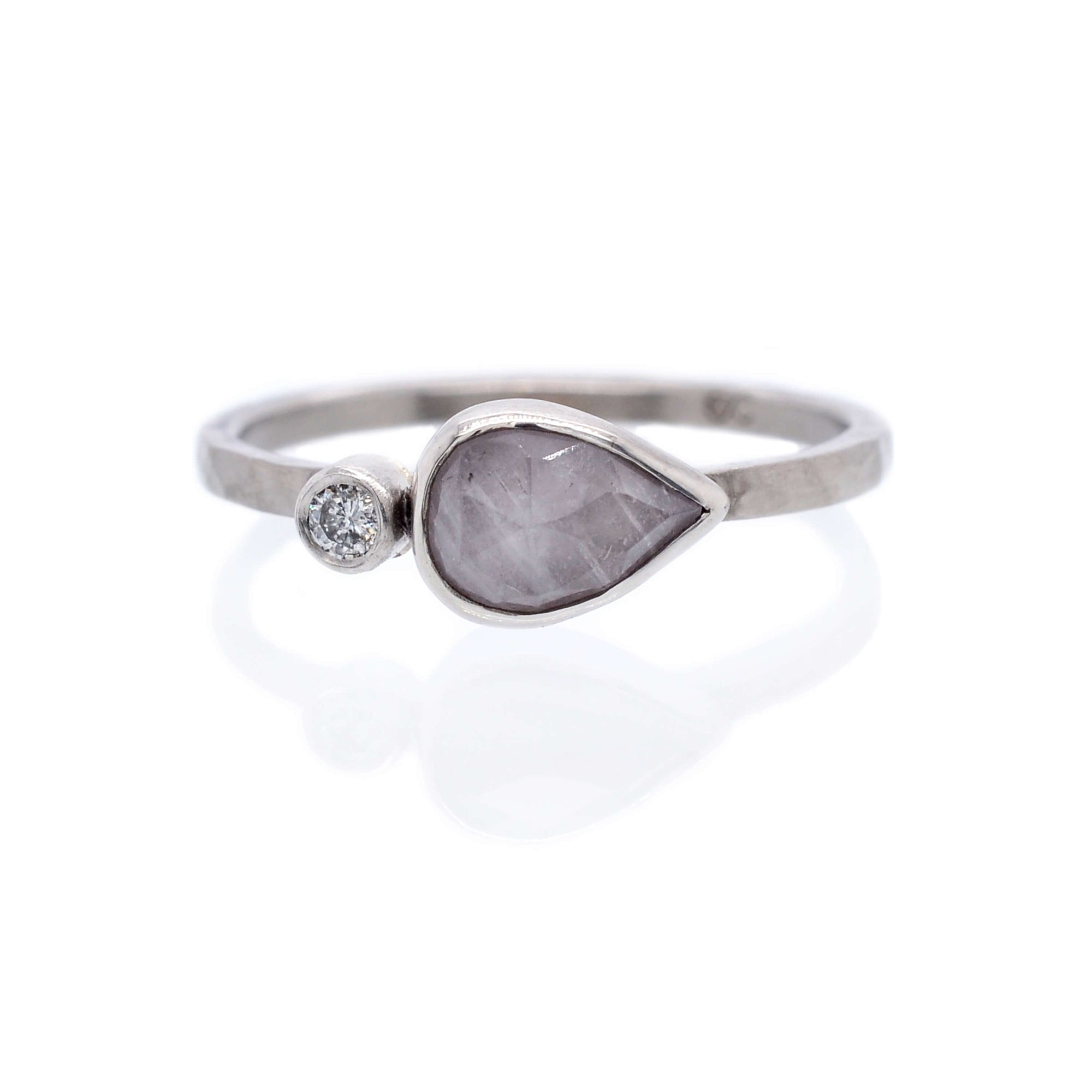 Icy gray diamond and sapphire ring. Handmade by EC Design Jewelry in Minneapolis, MN. This ring was made with recycled metal and conflict-free stones.