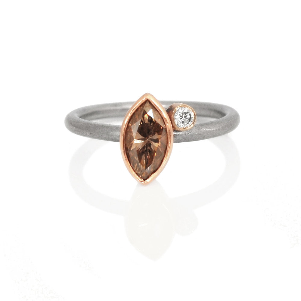 Marquis Cognac Diamond 2-Stone Ring in Palladium and Rose Gold