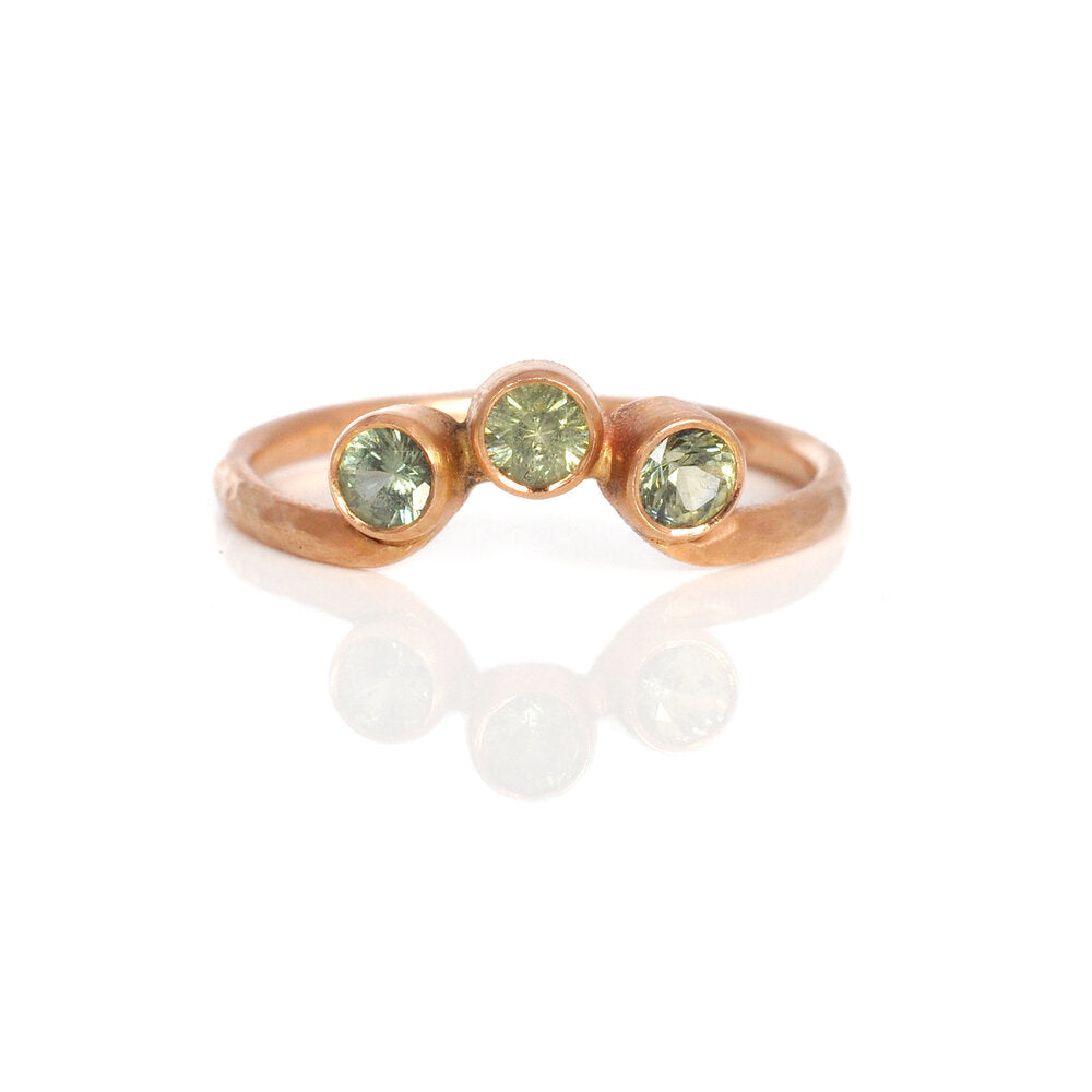 Green Montana sapphires and red gold contoured ring. Handmade in Minneapolis, MN by EC Design Jewelry using recycled metal and conflict-free stones.