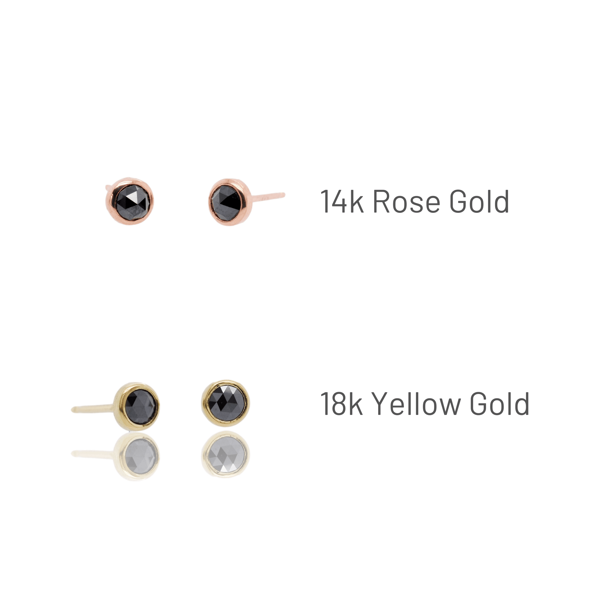 Rose cut black diamond stud earrings in rose gold and yellow gold.