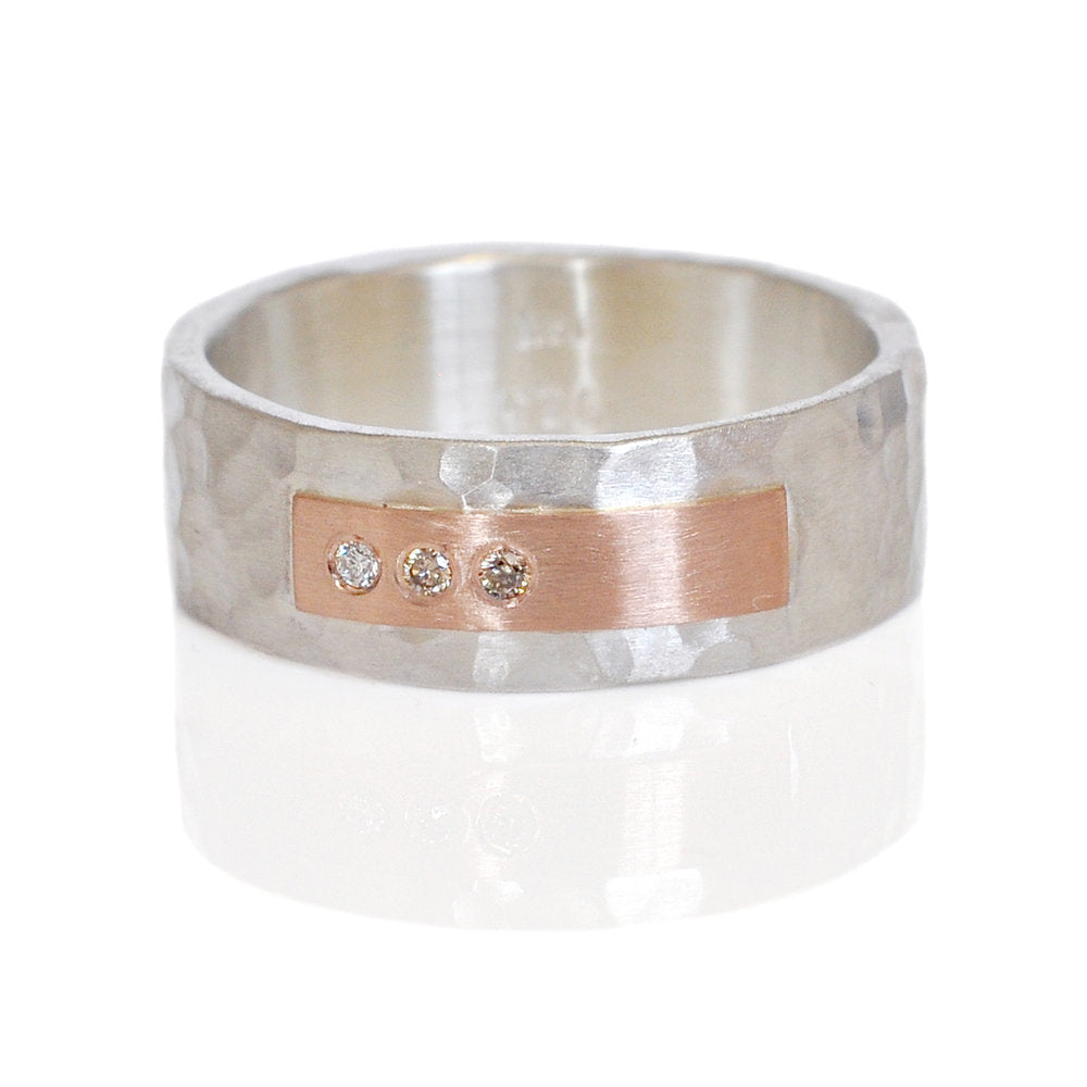 6mm Rivet Band in Hammered Sterling Silver and Rose Gold with Mixed Diamond Accents