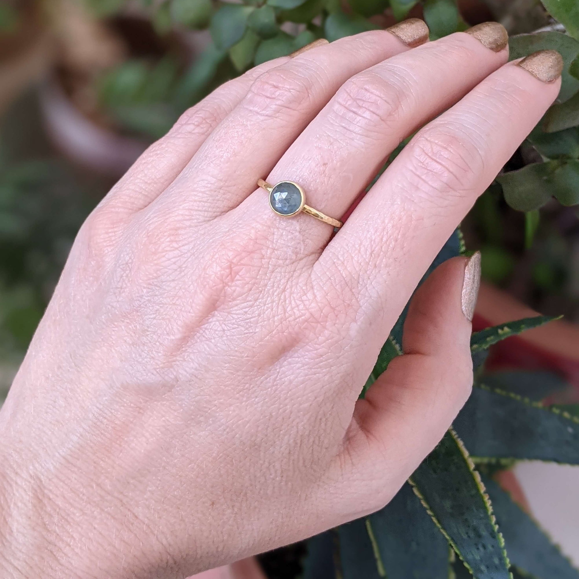 Blue rose cut sapphire ring in 18k yellow gold. Handmade with recycled metal and conflict-free stone by EC Design in Minneapolis, MN.