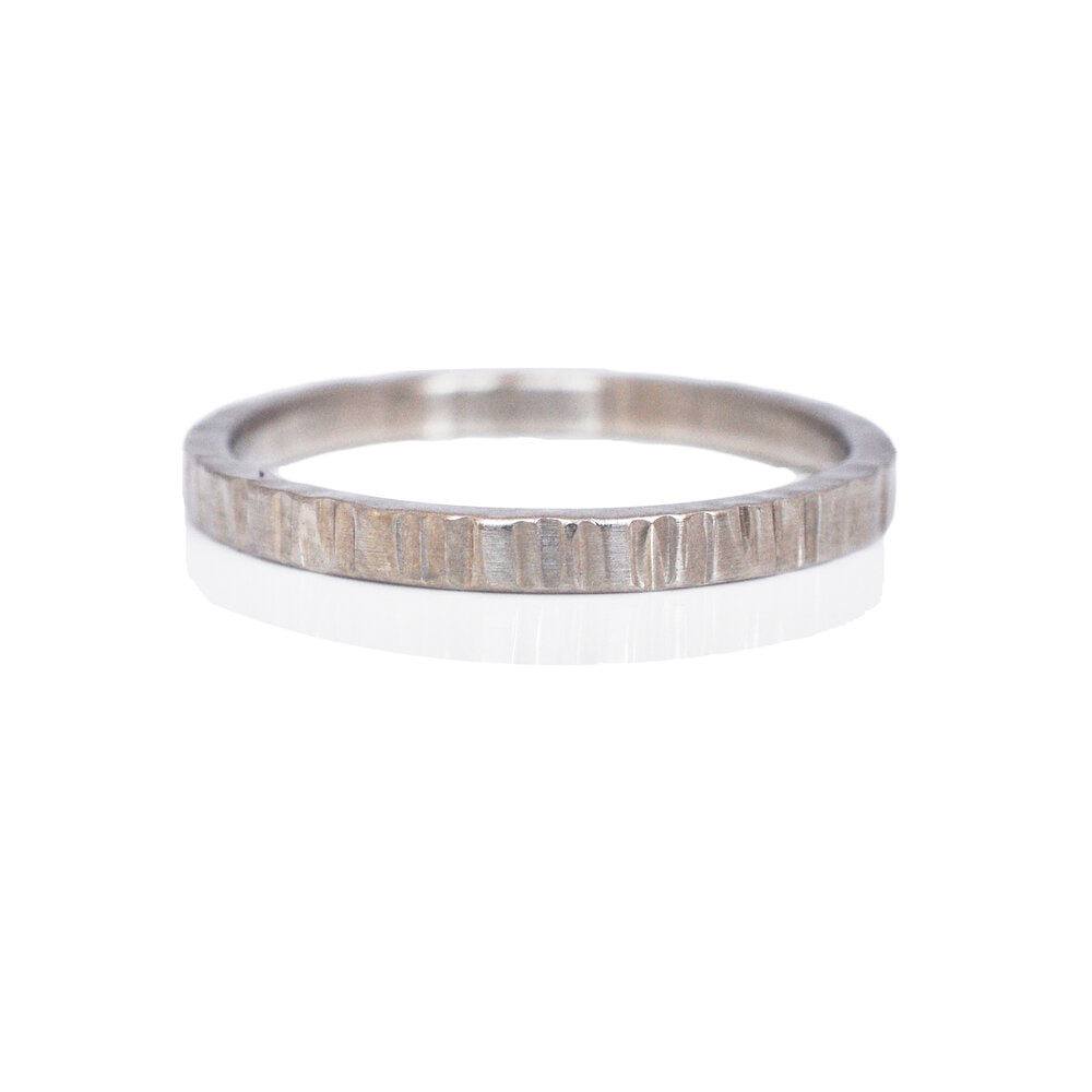 Palladium wedding band with linear hammered finish. Handmade with recycled metal by EC Design Studio in Minneapolis, MN.