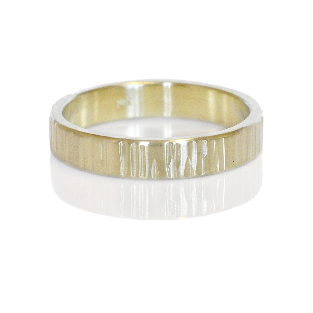 Linear hammered green gold wedding band. Handmade by EC Design Jewelry using recycled metal.