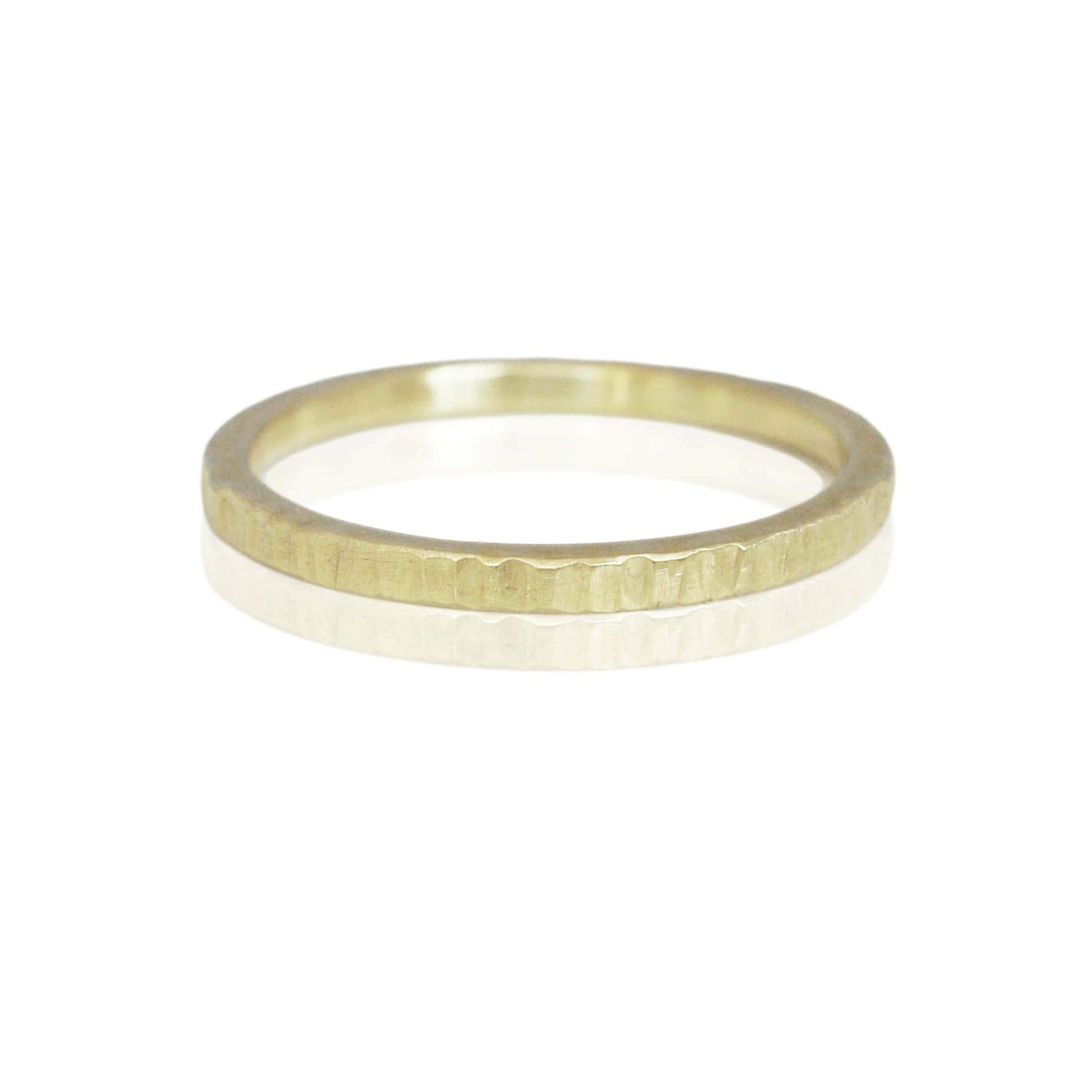 Linear hammered green gold wedding band. Handmade by EC Design Jewelry in Minneapolis, MN using recycled metal.