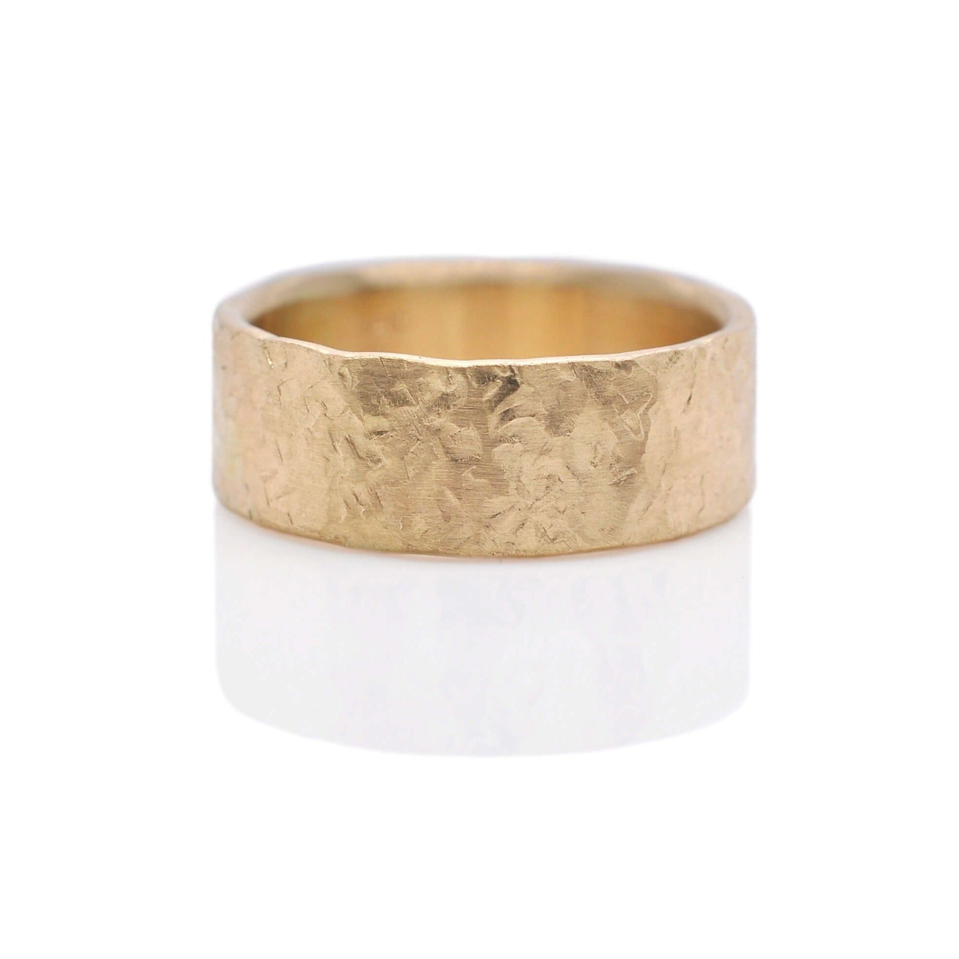 Silk hammered 14k yellow gold wedding band for him, her, them. Handmade with recycled gold.