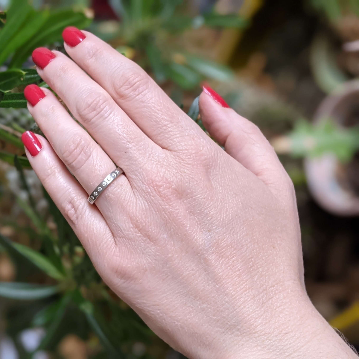 Handmade palladium and Canadian white diamonds eternity band. Ethically crafted with recycled metal and conflict-free stones. EC Design Studio, Minneapolis, MN.