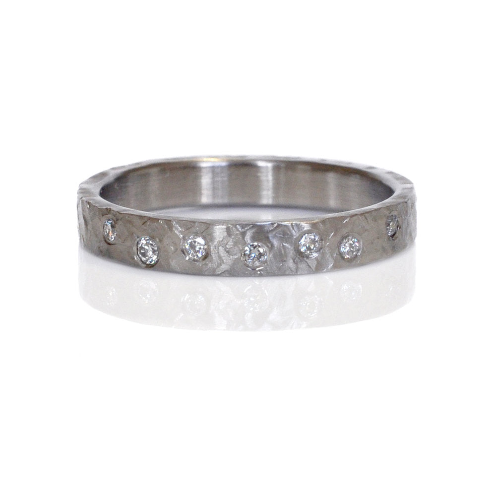 Greco hammered palladium band with white diamonds. Handmade by EC Design Studio in Minneapolis, MN using recycled metal and conflict-free stones.