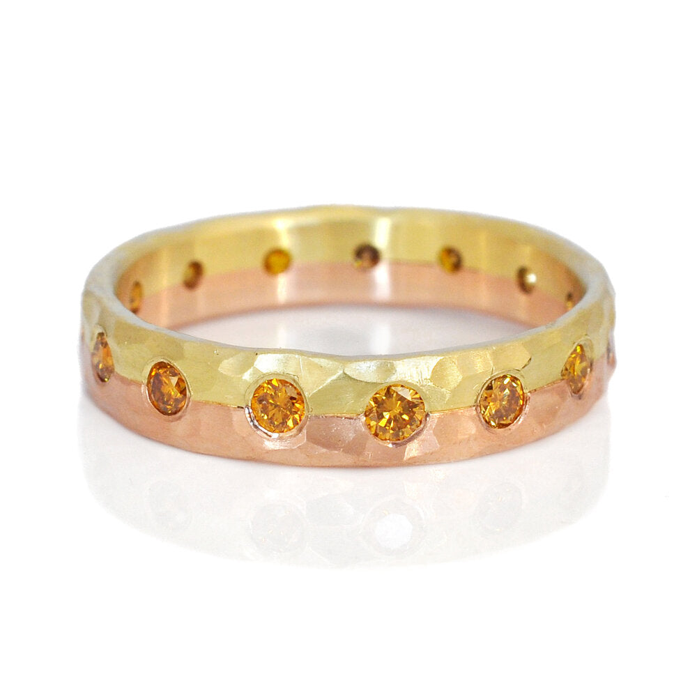 Hammered green and red gold band with natural orange diamonds. Handmade by EC Design Jewelry in Minneapolis, MN using recycled metal and conflict-free stones.