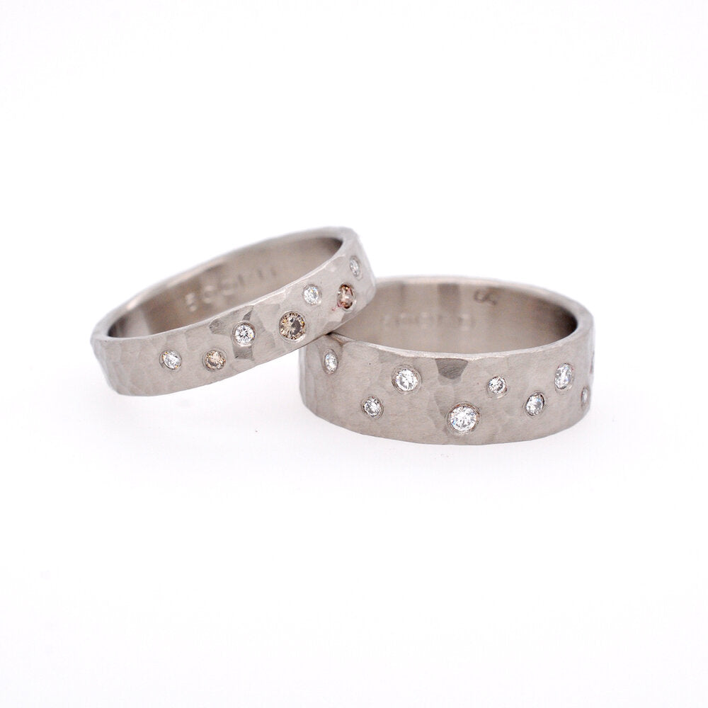 Wide hammered palladium band with scattered white diamonds. Handmade in Minneapolis, MN by EC Design Studio using recycled metal and conflict-free stones.