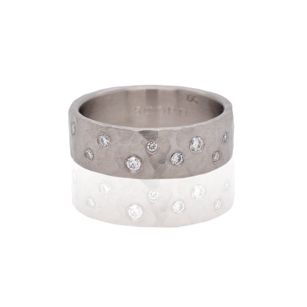 Wide hammered palladium band with scattered white diamonds. Handmade in Minneapolis, MN by EC Design Studio using recycled metal and conflict-free stones.