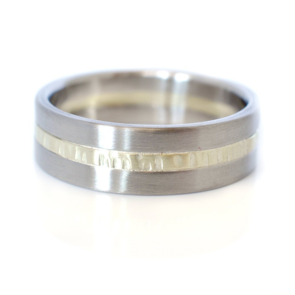 Handmade palladium and green gold mixed metal wedding band. Made by EC Design Studio in Minneapolis, MN using recycled metal.