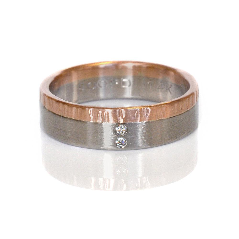 Rose gold and palladium diamond wedding band. Handmade by EC Design Jewelry in Minneapolis, MN.