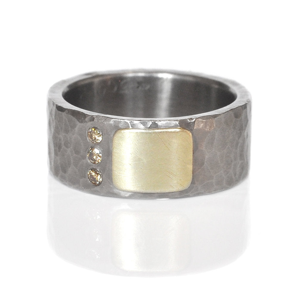 8mm Wide Palladium and Green Gold Cell Band with Champagne Diamonds
