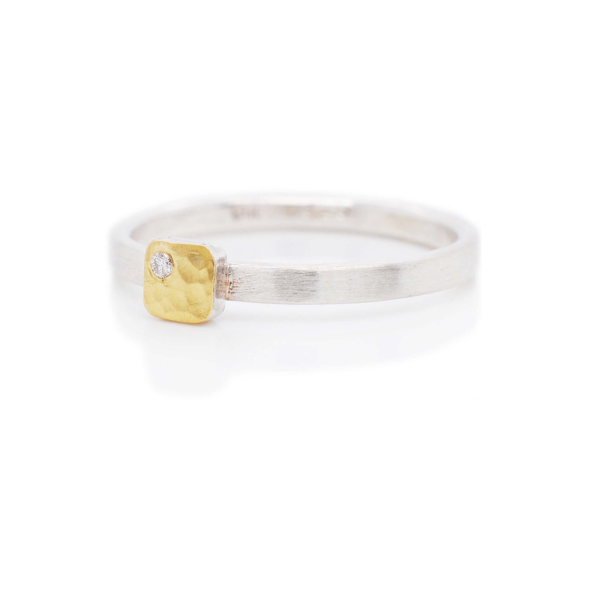 Hammered yellow gold and sterling silver cell ring with white diamond accent. Handmade by EC Design Jewelry in Minneapolis, MN.