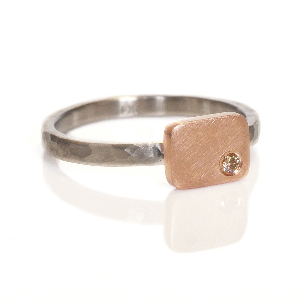 Handmade red gold cell ring with champagne diamond on a hammered palladium band. Made by EC Design Jewelry in Minneapolis, MN using recycled metal and conflict-free stone.